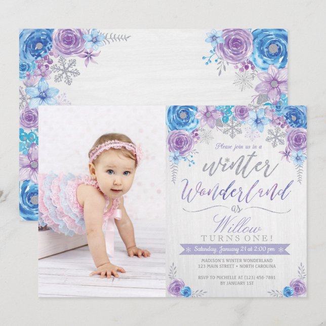 Winter Wonderland Snowflake Birthday Invitation (Front/Back)