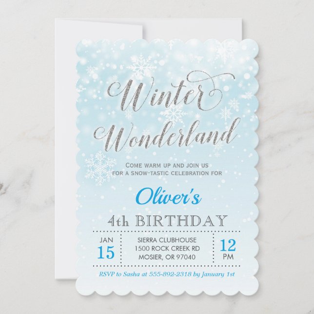 Winter Wonderland Snowflake Blue Boy Kids Birthday Invitation (Front)