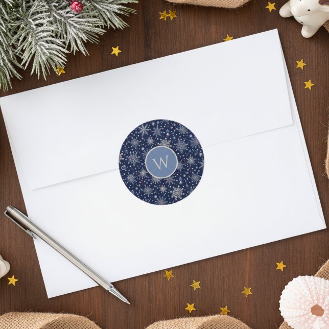 Winter Wonderland Snowflake Classic Round Sticker (Snowflake holiday initial sticker)