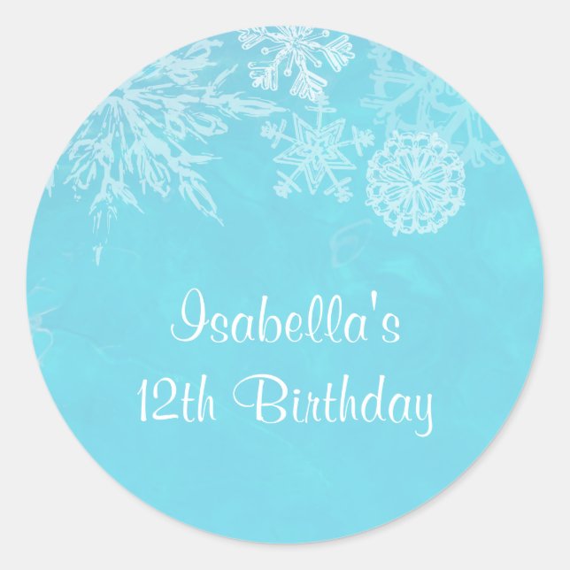 Winter Wonderland Snowflake Frost Birthday Party Classic Round Sticker (Front)