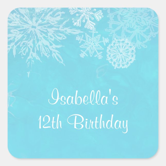Winter Wonderland Snowflake Frost Birthday Party Square Sticker (Front)
