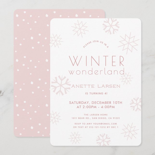 Winter Wonderland Snowflake Girl Pink Birthday Invitation (Front/Back)