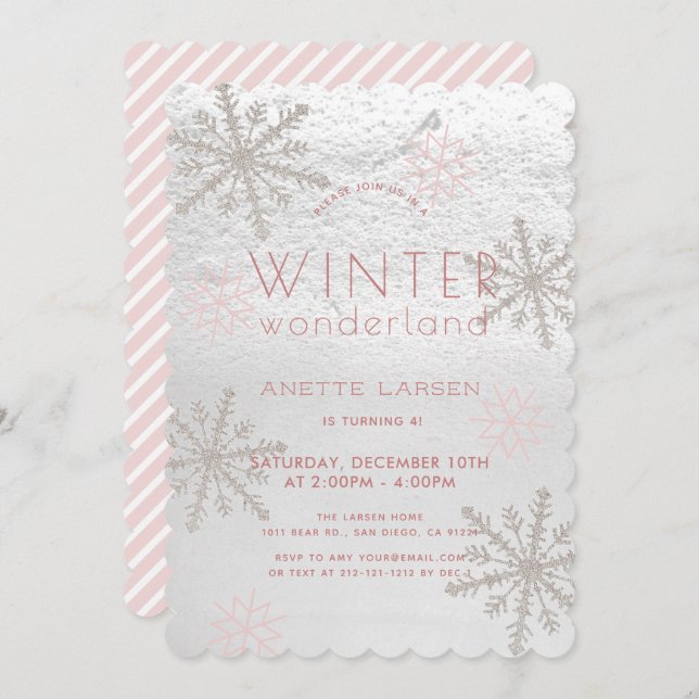 Winter Wonderland Snowflake Pink Girl Birthday Invitation (Front/Back)