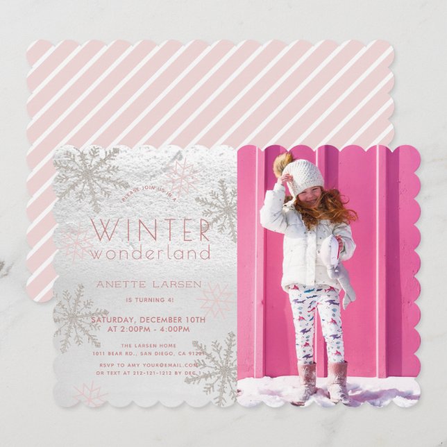 Winter Wonderland Snowflake Pink Photo Birthday Invitation (Front/Back)