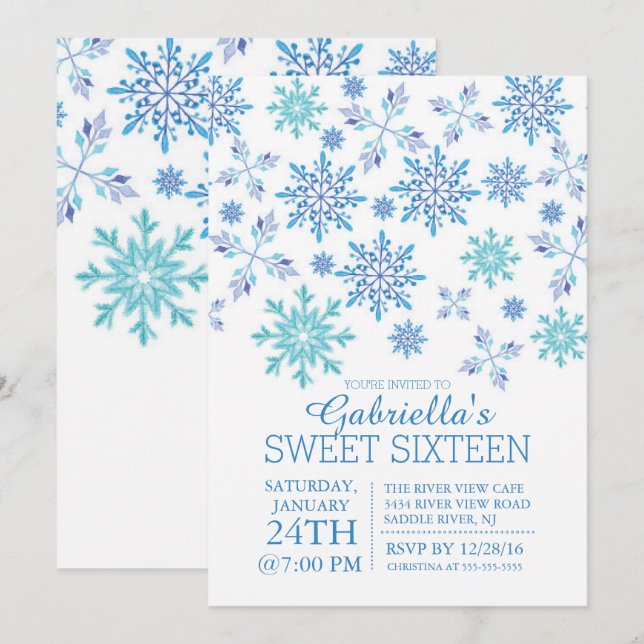 Winter Wonderland Snowflake Sweet Sixteen Party Invitation (Front/Back)