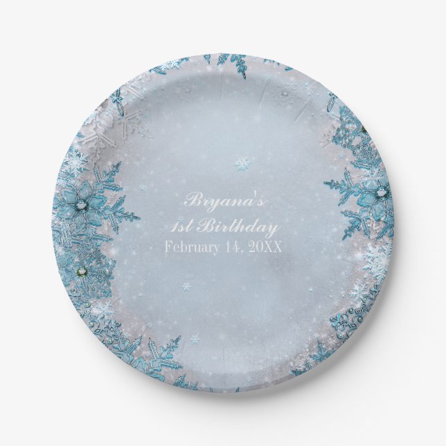 Winter Wonderland Snowflakes Blue Elegant Party Paper Plate (Front)