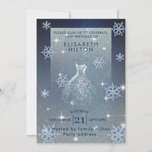 Winter wonderland snowflakes dress sweet sixteen i invitation (Front)
