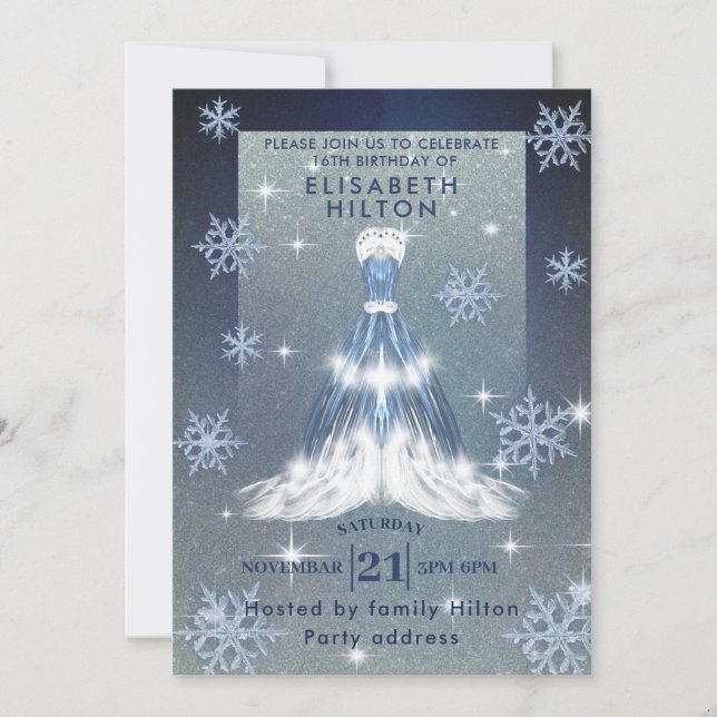Winter wonderland snowflakes dress sweet sixteen  invitation (Front)