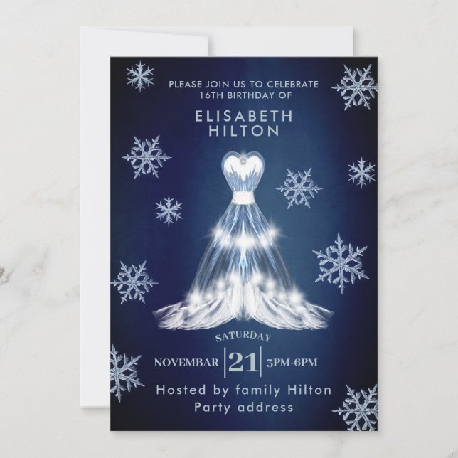 Winter wonderland snowflakes dress sweet sixteen  invitation (Front)