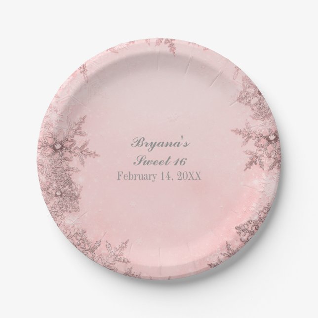 Winter Wonderland Snowflakes Pink Elegant Party Paper Plate (Front)