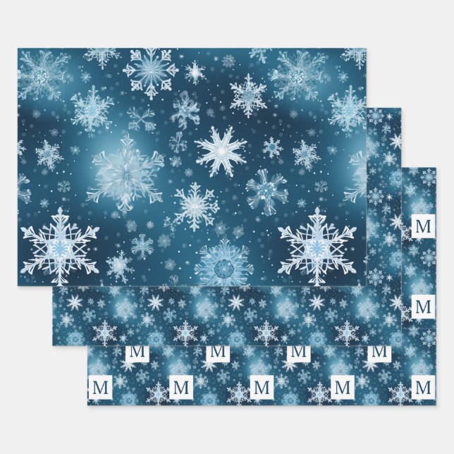 Winter Wonderland Snowflakes Snowfall Blue White Wrapping Paper Sheet (Set)