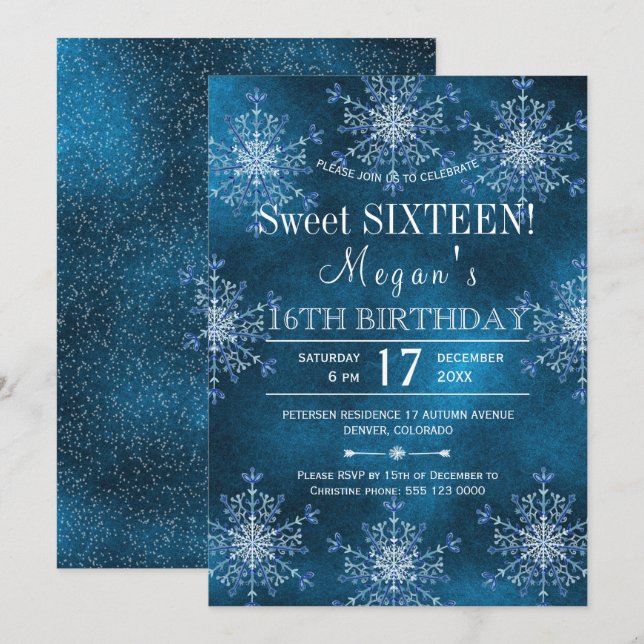 Winter wonderland snowflakes Sweet 16 birthday Invitation (Front/Back)