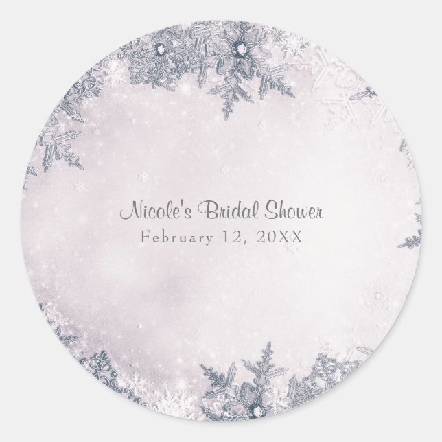Winter Wonderland Snowflakes White Blue Elegant Classic Round Sticker (Front)
