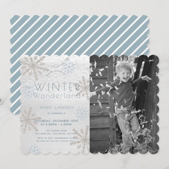 Winter Wonderland Snowflakke Blue Photo Birthday Invitation (Front/Back)