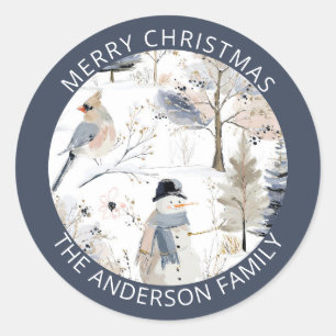 Winter Wonderland Snowman and Bird Pattern Classic Round Sticker