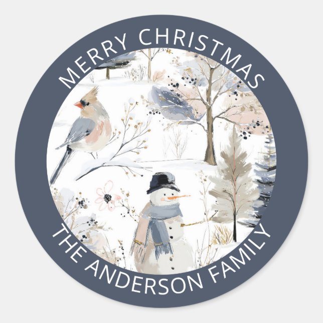 Winter Wonderland Snowman and Bird Pattern Classic Round Sticker (Front)