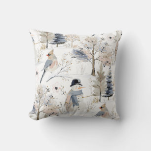 Winter Wonderland Snowman and Bird Pattern Cushion