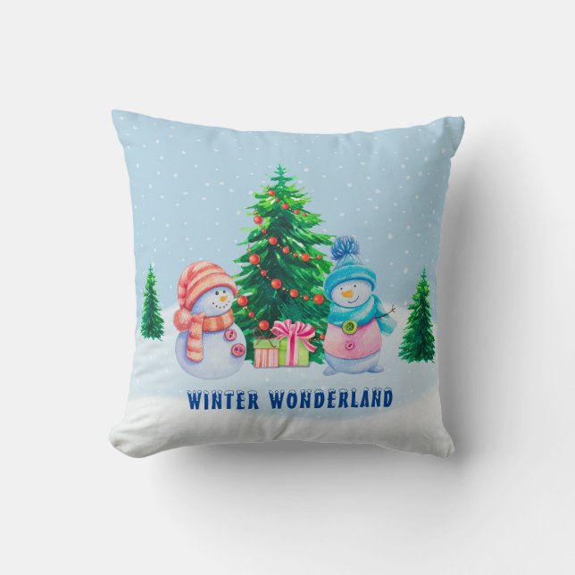 Winter Wonderland Snowman Couple Throw Pillow (Front)