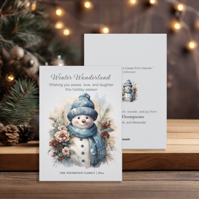 Winter Wonderland Snowman Dusty Blue  Holiday Card (Snowman Winter Wonderland custom Christmas greeting card )