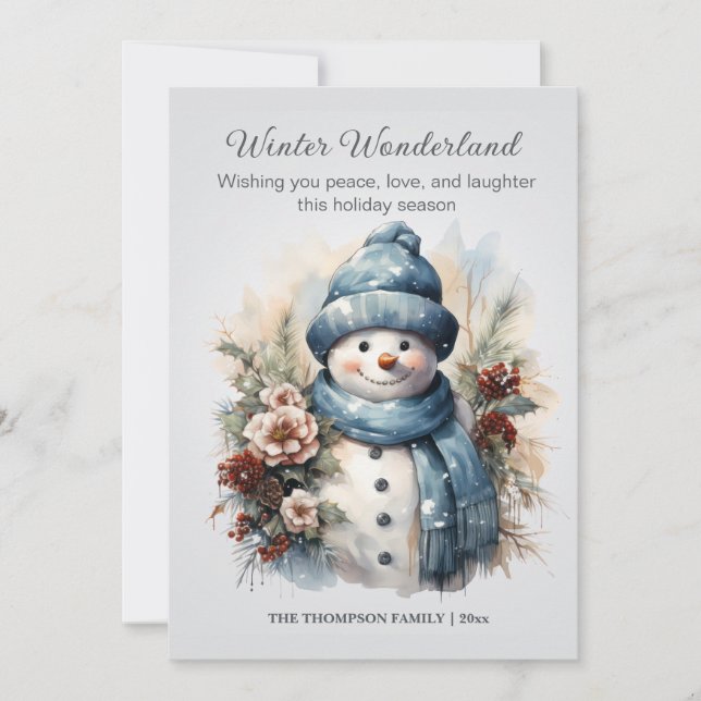 Winter Wonderland Snowman Dusty Blue  Holiday Card (Front)