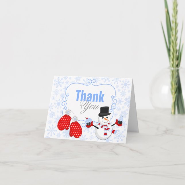 Winter Wonderland Snowman Mittens Thank You Card (Front)