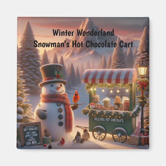 Winter Wonderland Snowman's Hot Chocolate Cart Magnet (Front)