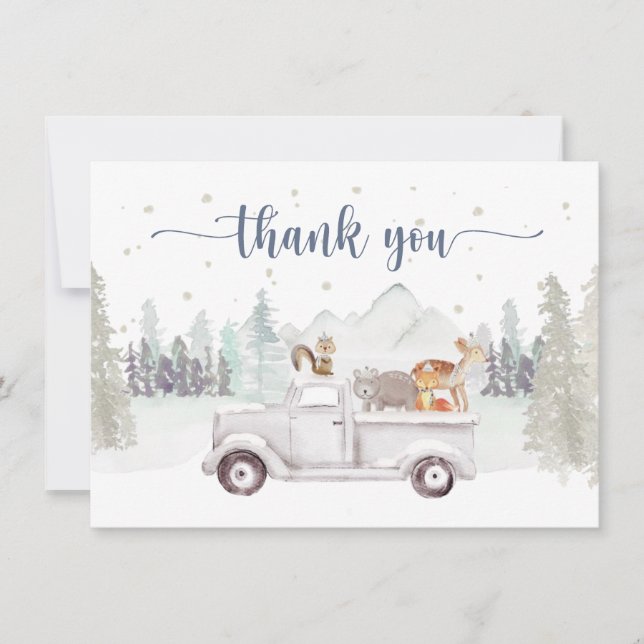 Winter Wonderland, Snowy Animals & Truck Thank You Card (Front)