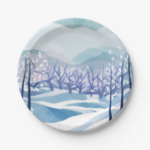 Winter Wonderland Snowy Blue Watercolor Painting Paper Plate