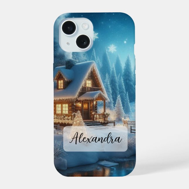 Winter Wonderland Snowy Cabin with Frozen River iPhone 15 Case (Back)