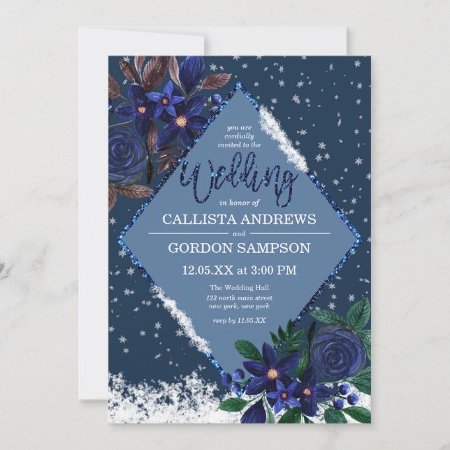 Winter Wonderland Snowy Floral Watercolor Wedding Invitation (Front)