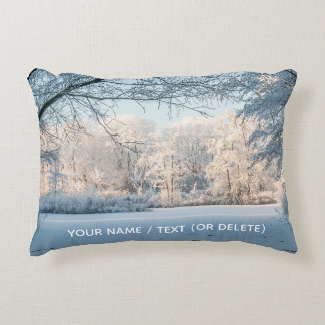 Winter Wonderland Snowy Lake Trees Decorative Cushion (Front)