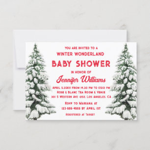 winter wonderland snowy pine trees baby shower red invitation