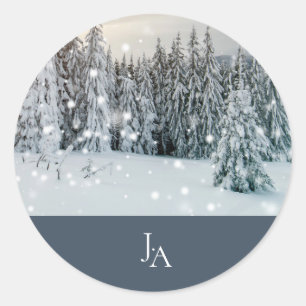 Winter Wonderland Snowy Woodland Monogram Wedding Classic Round Sticker
