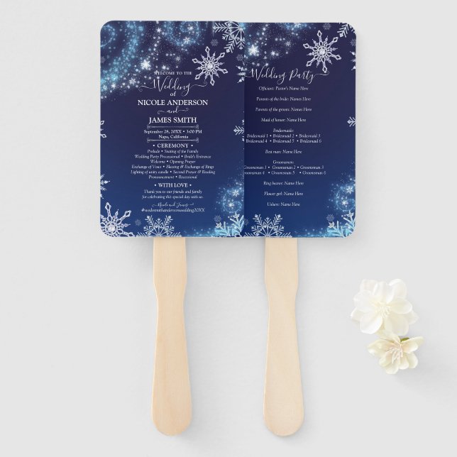 Winter Wonderland Sparkle Swirl Snowflakes Wedding Hand Fan (Front and Back)