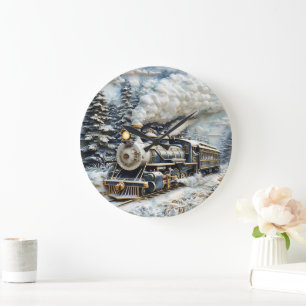 Winter wonderland steam train. large clock