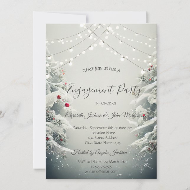 Winter Wonderland, String Lights Snow Engagement Invitation (Front)