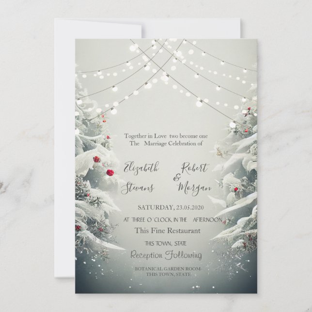 Winter Wonderland, String Lights Snow Wedding Invitation (Front)