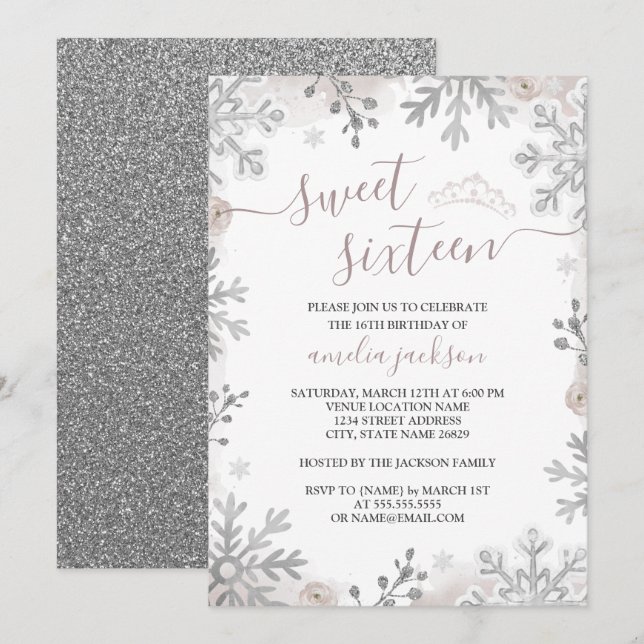 Winter Wonderland Sweet Sixteen Blush Silver Invitation (Front/Back)