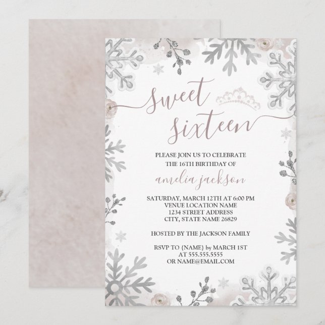 Winter Wonderland Sweet Sixteen Blush Tiara  Invitation (Front/Back)