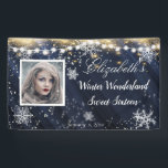 Winter Wonderland Sweet Sixteen Snowflakes Blue Banner<br><div class="desc">Pretty Winter wonderland banner with lacy snowflakes,  stars,  and string lights. Add your photo and personalise text to suit your occasion or event. Great for Bat Mitzvah and Quince.</div>