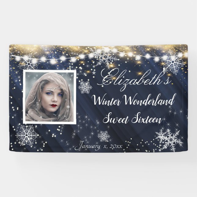 Winter Wonderland Sweet Sixteen Snowflakes Blue Banner (Horizontal)