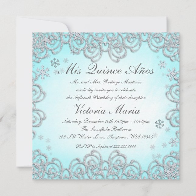 Winter Wonderland Swirl Snowflakes Quinceanera Invitation (Front)