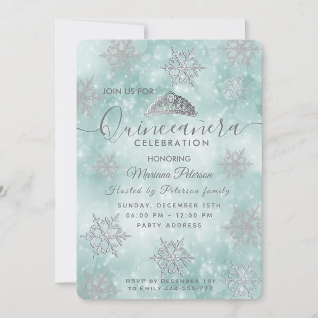 Winter wonderland teal bokeh tiara Quinceañera Invitation (Front)