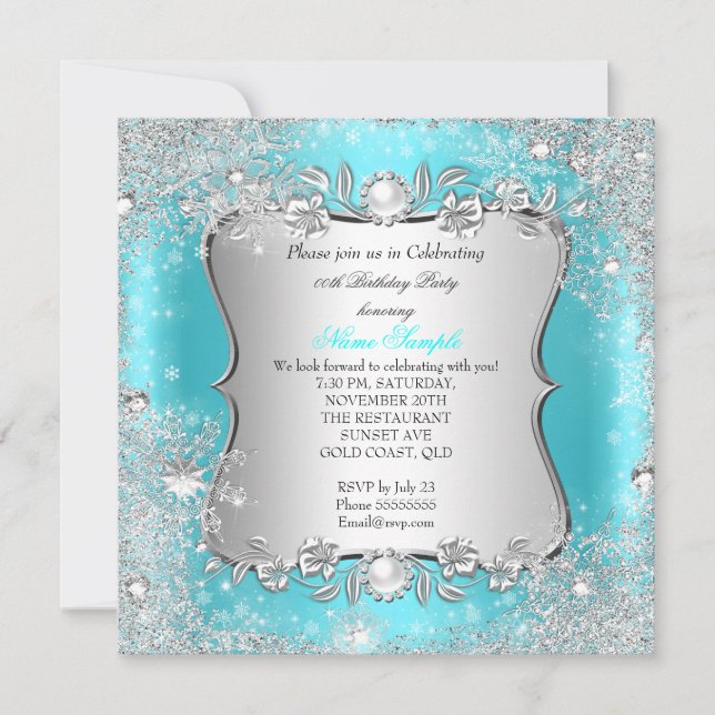 Winter Wonderland Teal Silver Snowflake Birthday 2 Invitation (Front)