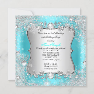 Winter Wonderland Teal Silver Snowflake Birthday 2 Invitation