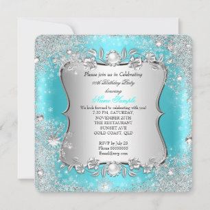 Winter Wonderland Teal Silver Snowflake Birthday 2 Invitation