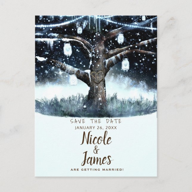 Winter Wonderland Tree Lights & Jars Save the Date Announcement Postcard (Front)