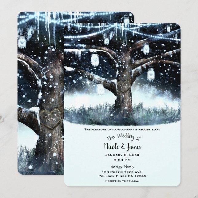 Winter Wonderland Tree Lights & Mason Jars Wedding Invitation (Front/Back)