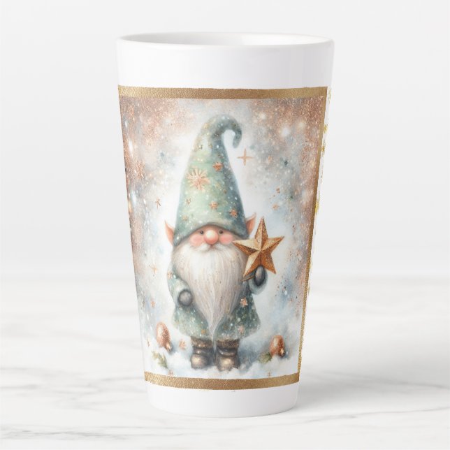 Winter Wonderland Watercolor Gnome Gold Snowflake Latte Mug (Front)