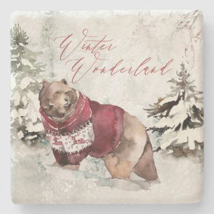 Winter Wonderland Watercolor Snow Scene with Bear Stone Coaster